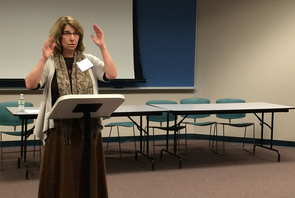 Janet Blank-Libra, professor and director of journalism at Augustana University, presents a paper at the Walter Cronkite Conference on Media Ethics at Missouri Western State University, Nov. 9, 2015. Photo by Bradley Wilson