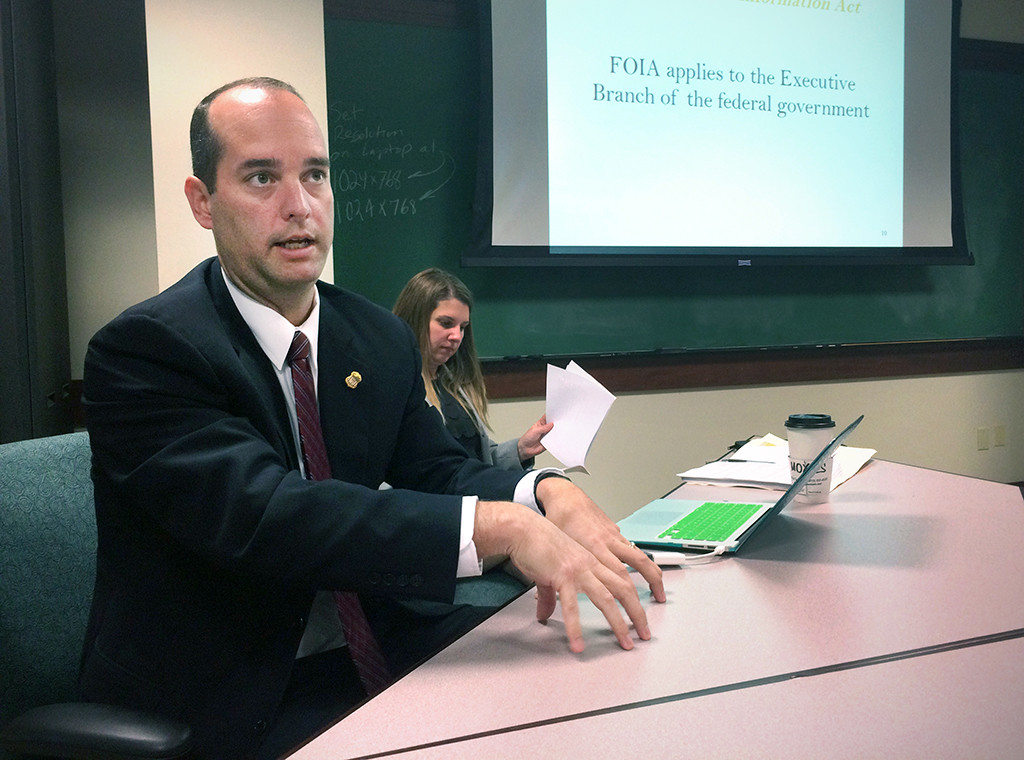 Sean Flynn, assistant United States attorney and deputy chief of the civil division, speaks during the AEJMC Scholastic Division meeting at the Poynter Institute in St. Petersburg, Florida. Photo by Bradley WIlson